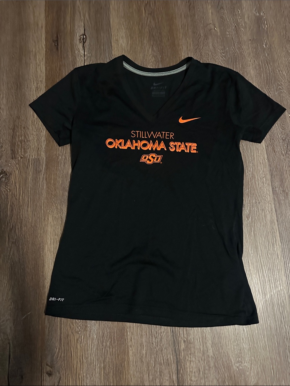 Nike Black V-Neck Tee with Orange Oklahoma State Logo